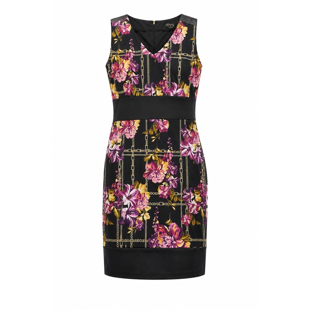 Thalia Sodi Floral Chain Print Faux Leather Trim‎ XL Black Purple Sheath Dress